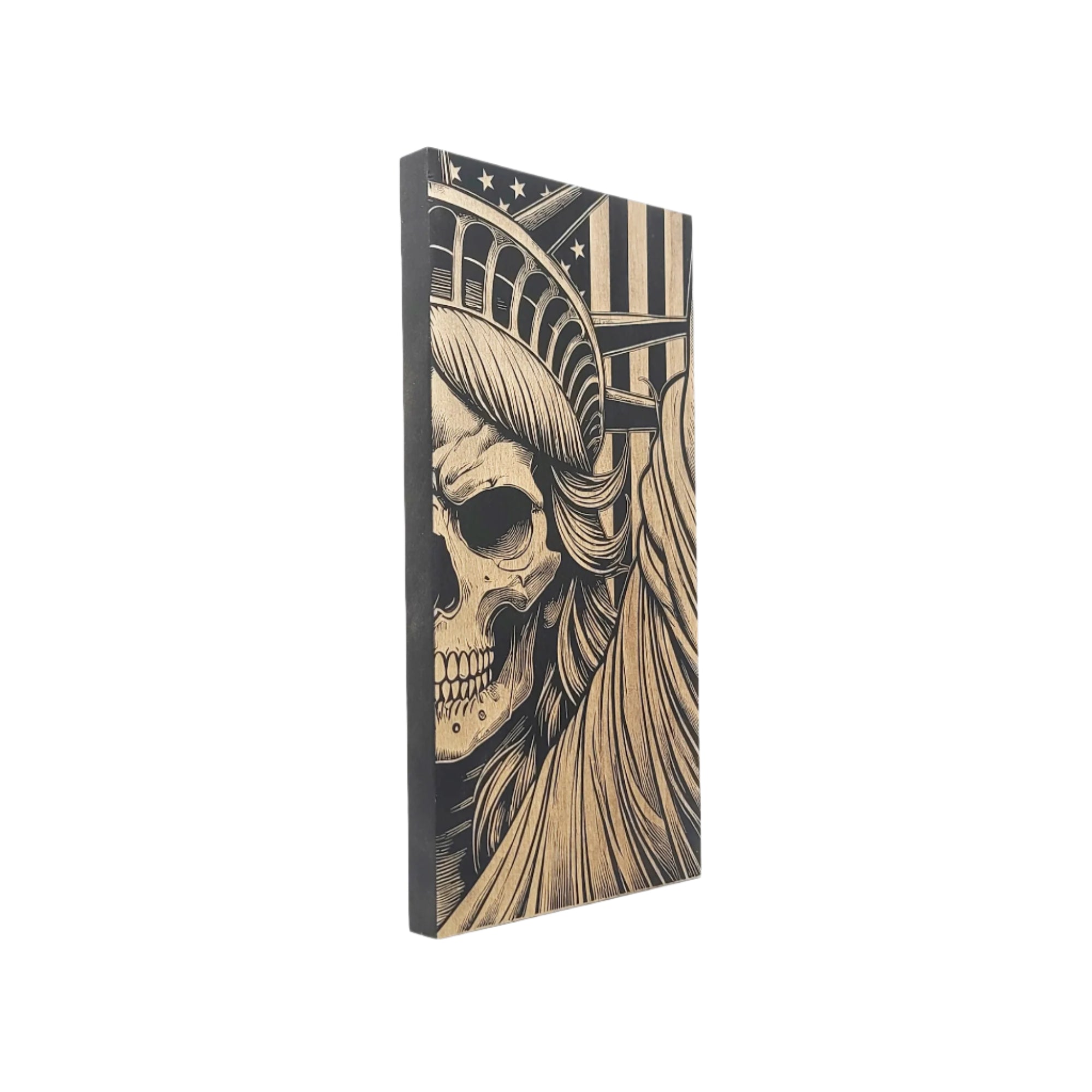 Statue of Liberty Skull Engraved Wooden American Flag - LEF019