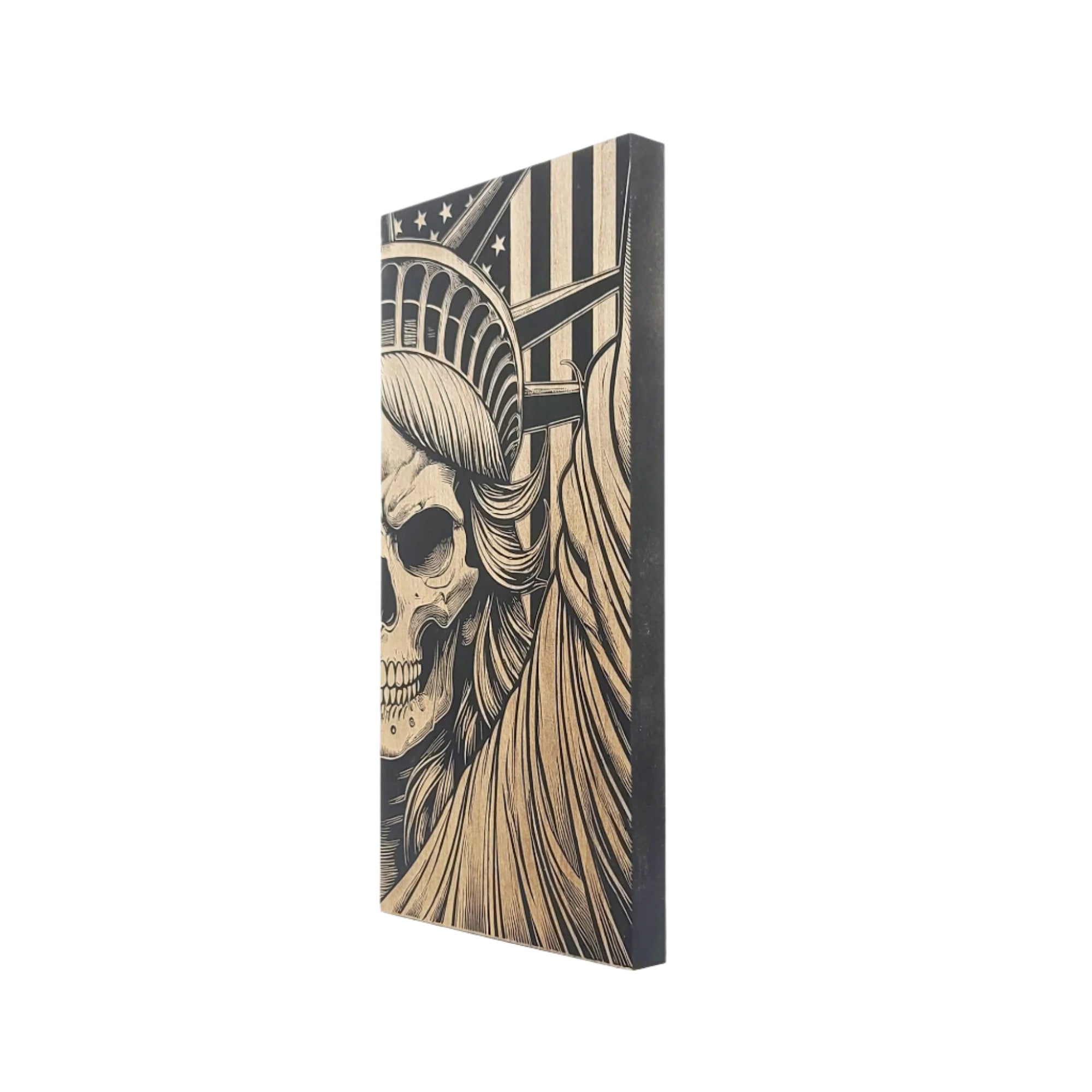 Statue of Liberty Skull Engraved Wooden American Flag - LEF019