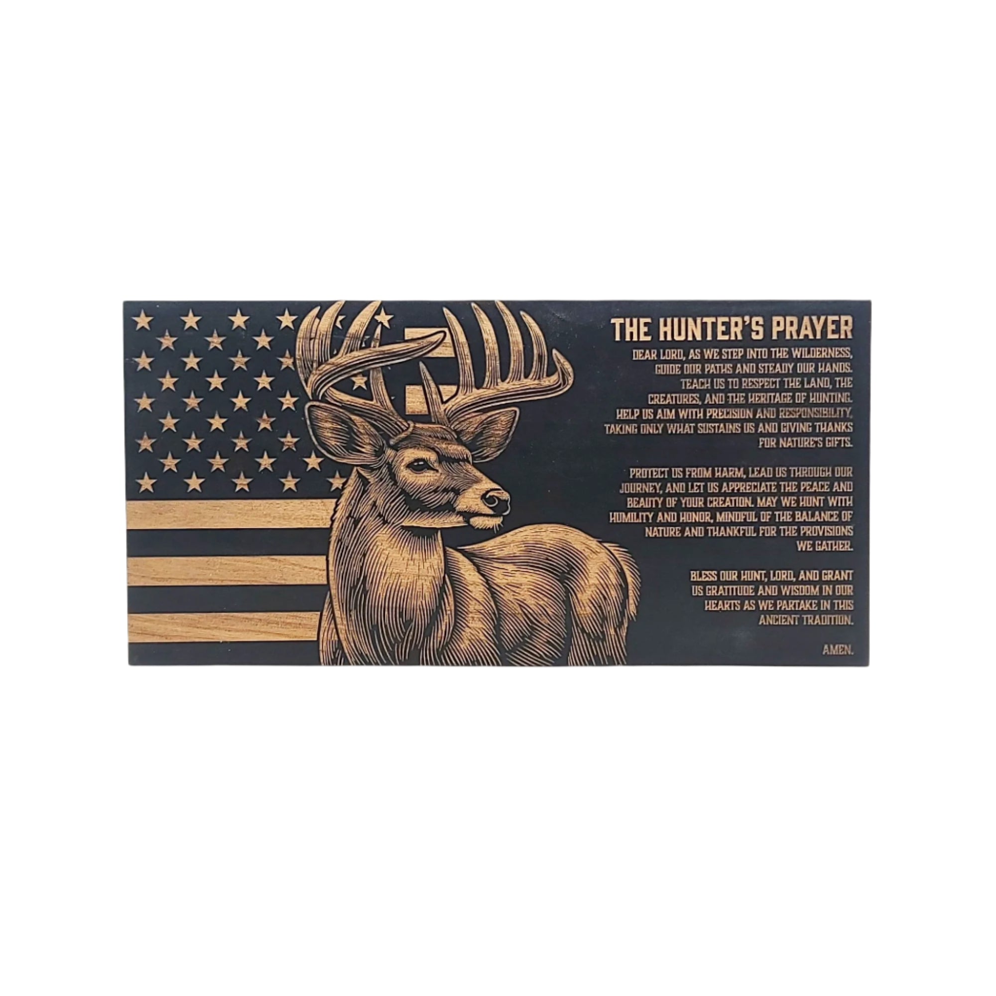 The Hunters Prayer (Deer) Engraved Wooden American Flag - LEF012