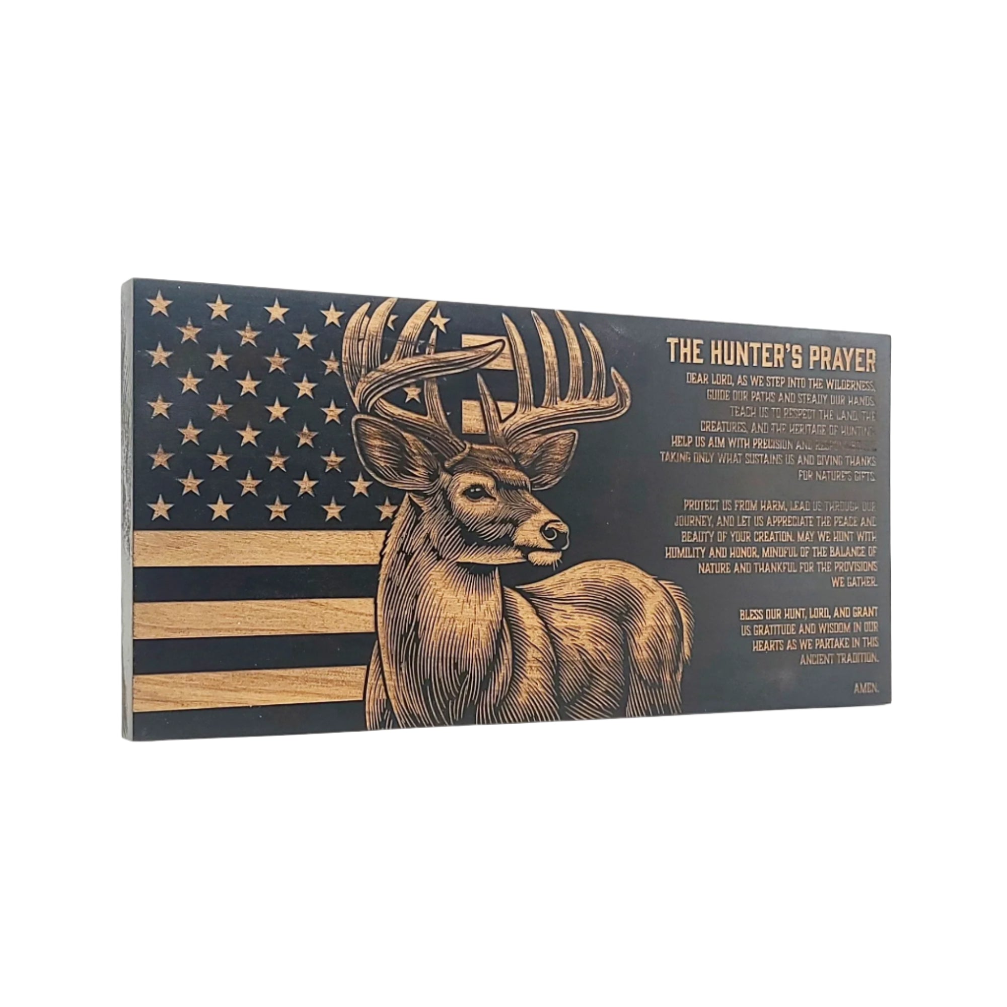 The Hunters Prayer (Deer) Engraved Wooden American Flag - LEF012
