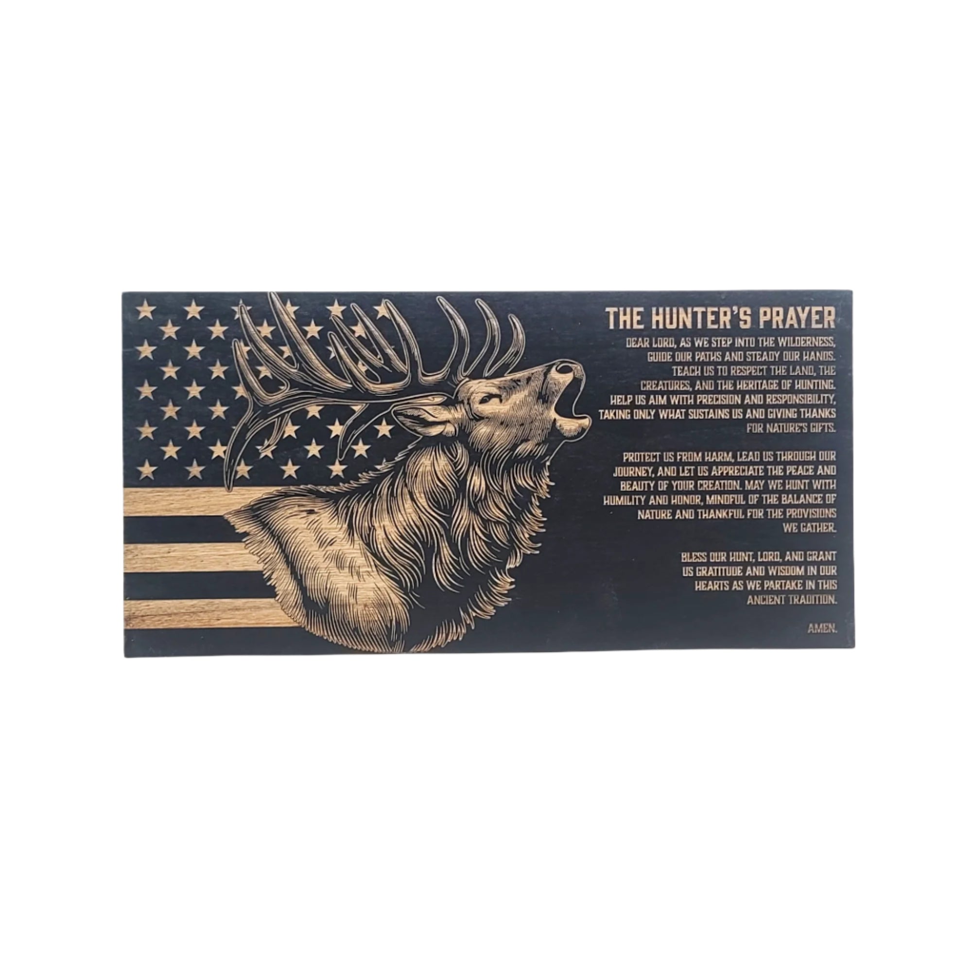 The Hunters Prayer (Elk) Engraved Wooden American Flag - LEF011