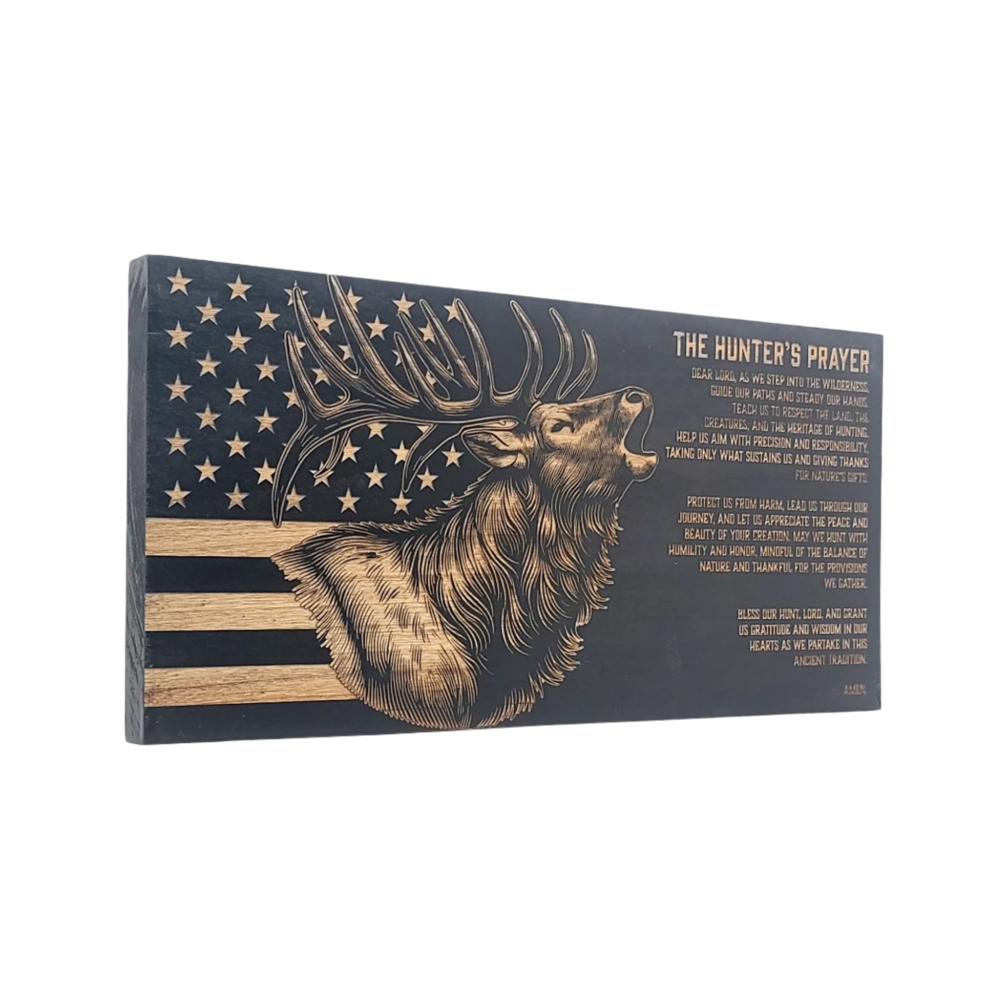 The Hunters Prayer (Elk) Engraved Wooden American Flag - LEF011