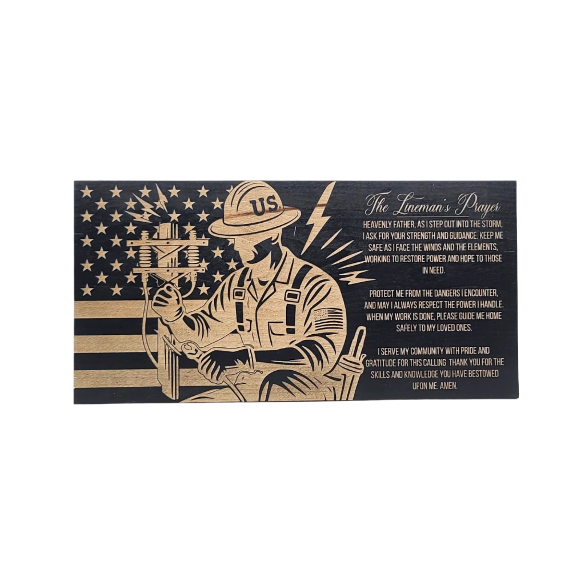 The Lineman's Prayer Engraved Wooden American Flag - LEF006
