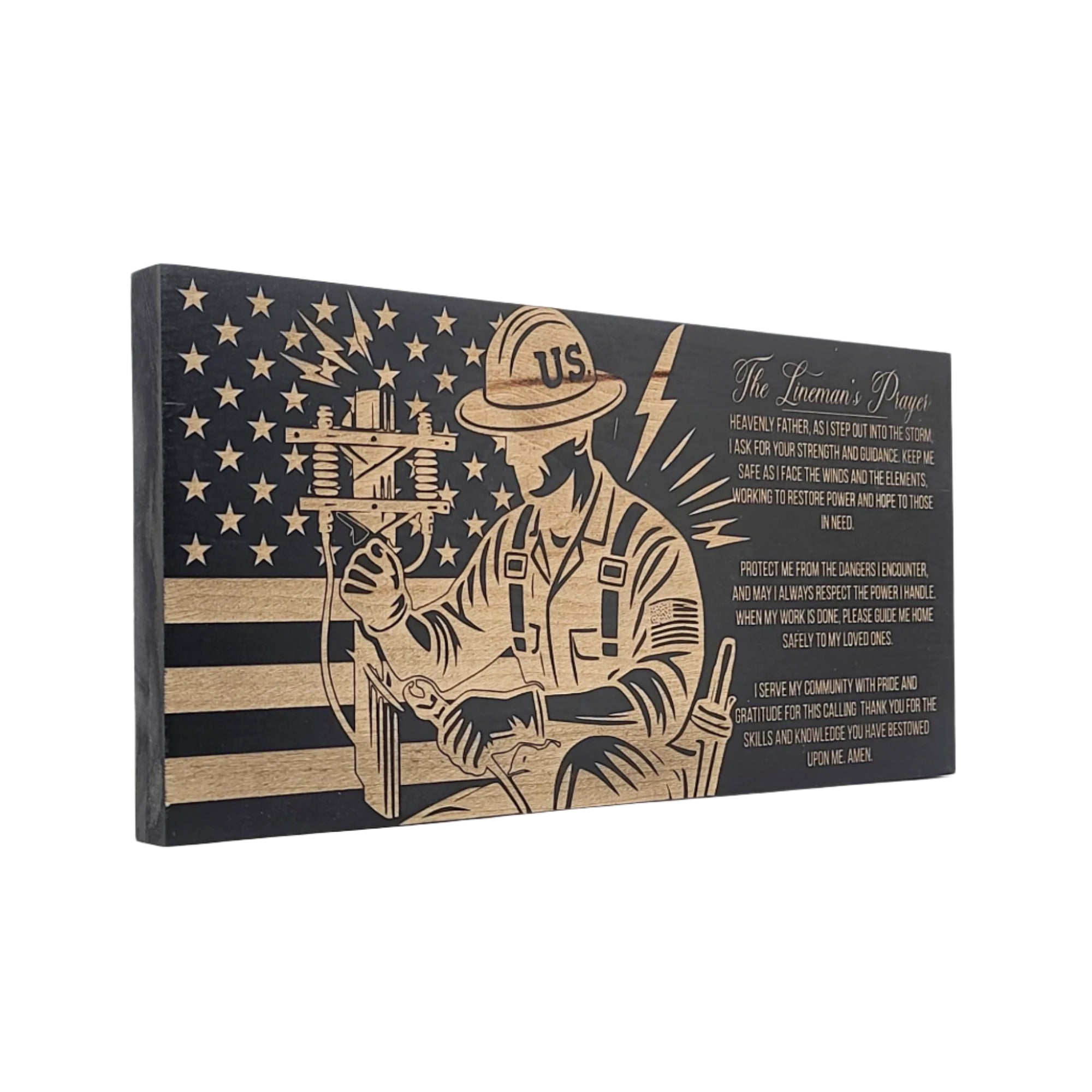 The Lineman's Prayer Engraved Wooden American Flag - LEF006