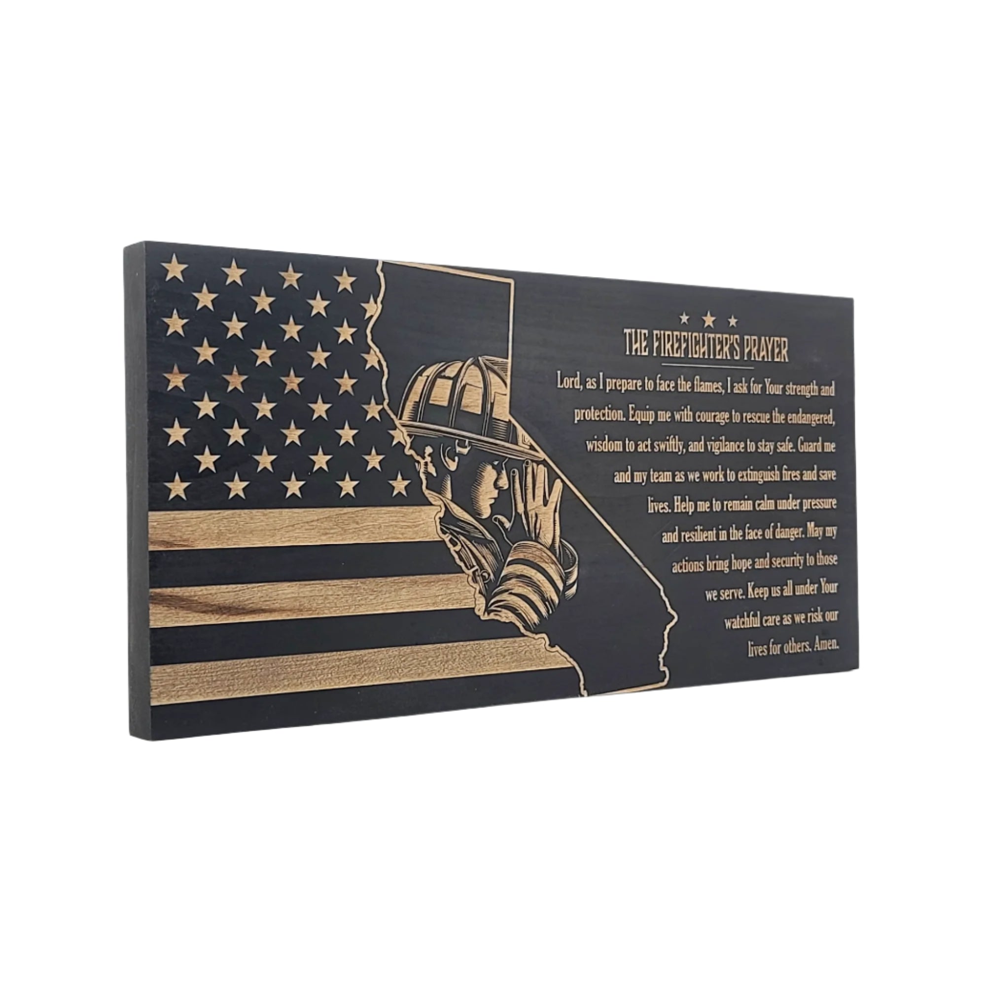 The Firefighter's Prayer (California) Engraved Wooden American Flag - LEF005