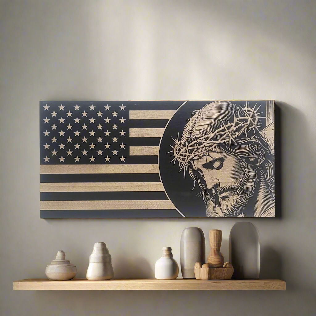 Jesus on Cross Engraved Wooden American Flag - LEF003
