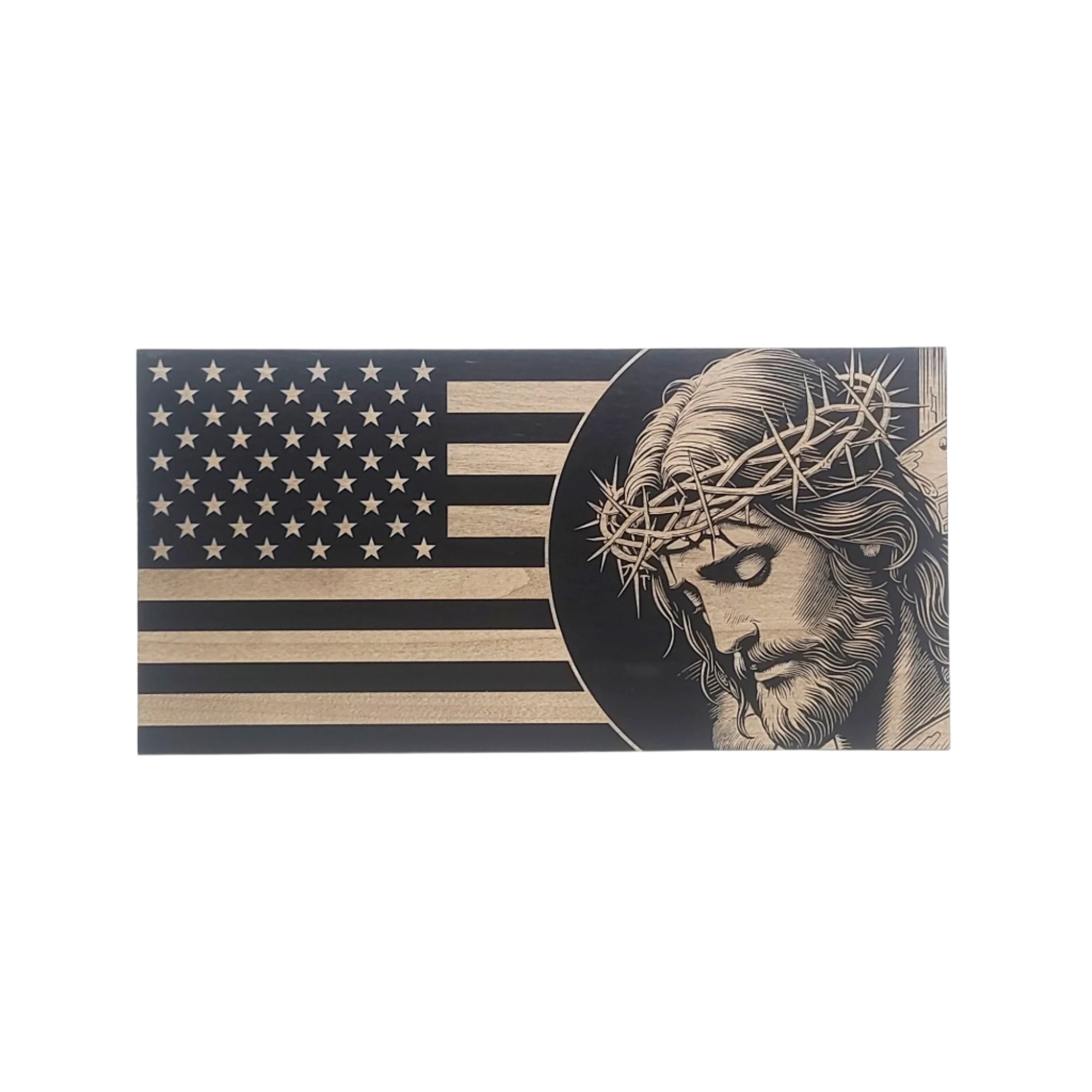 Jesus on Cross Engraved Wooden American Flag - LEF003