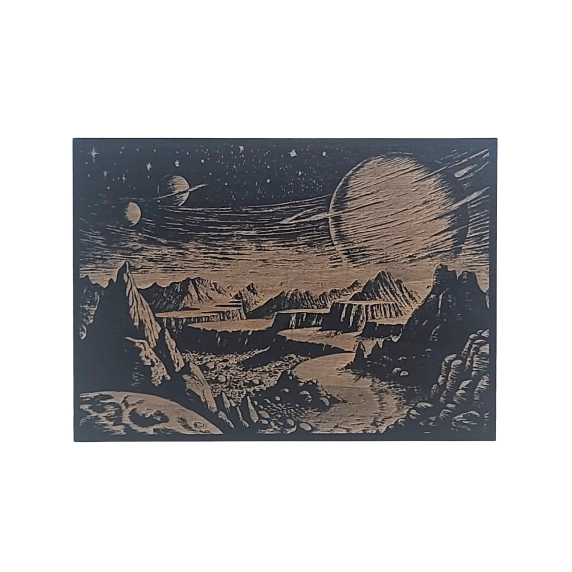 Sci Fi Landscape with Planets Engraved Wooden Sign - LES012