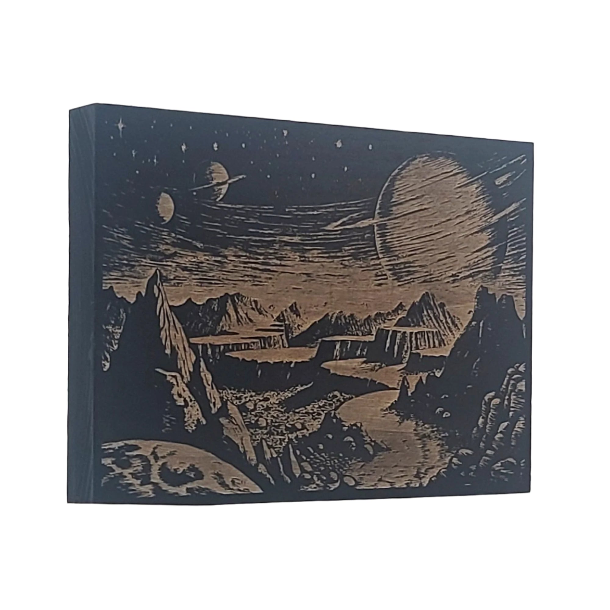 Sci Fi Landscape with Planets Engraved Wooden Sign - LES012