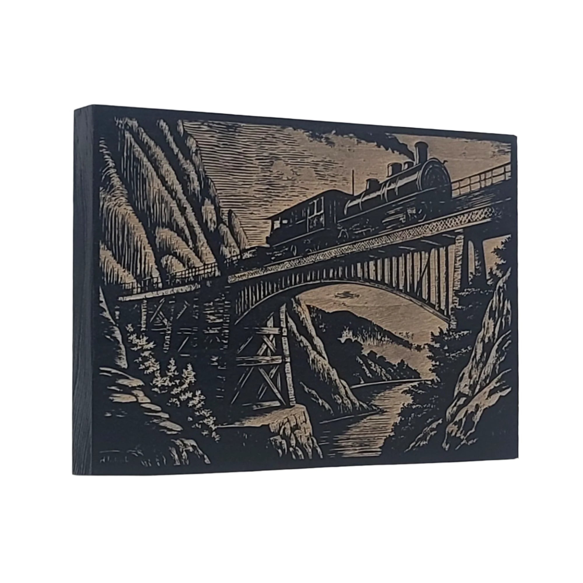 Vintage Steam Train on Bridge Engraved Wooden Sign - LES017