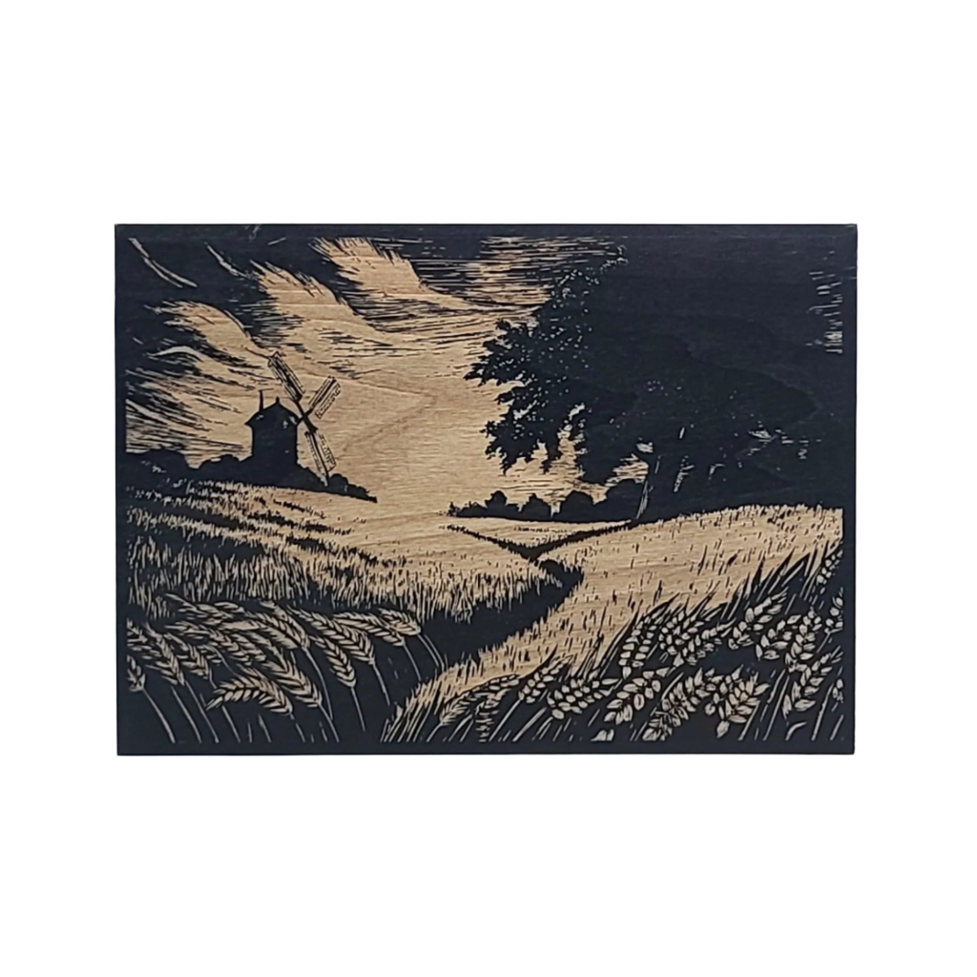 Landscape with Windmill and Wheat Fields Engraved Wooden Sign - LES019