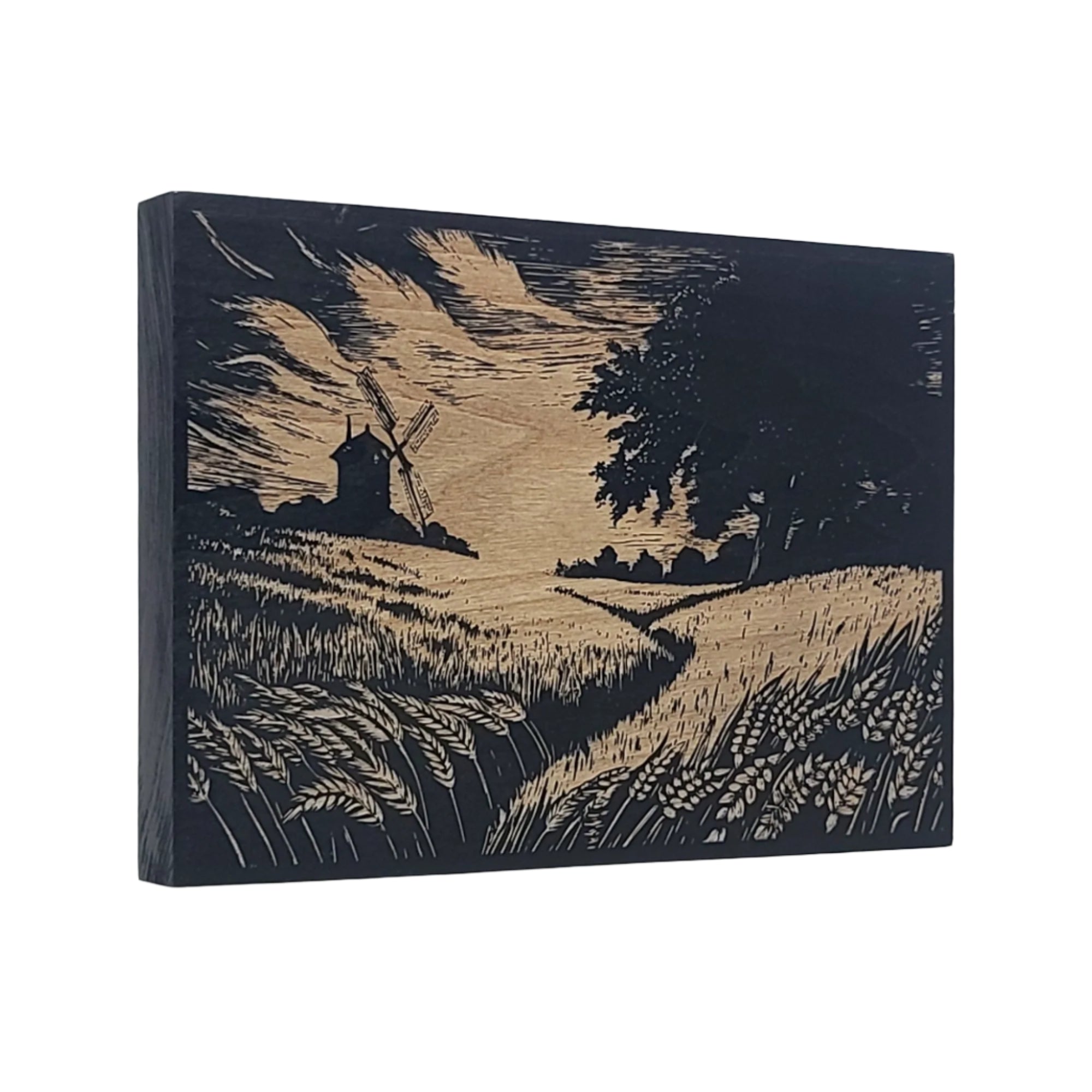 Landscape with Windmill and Wheat Fields Engraved Wooden Sign - LES019