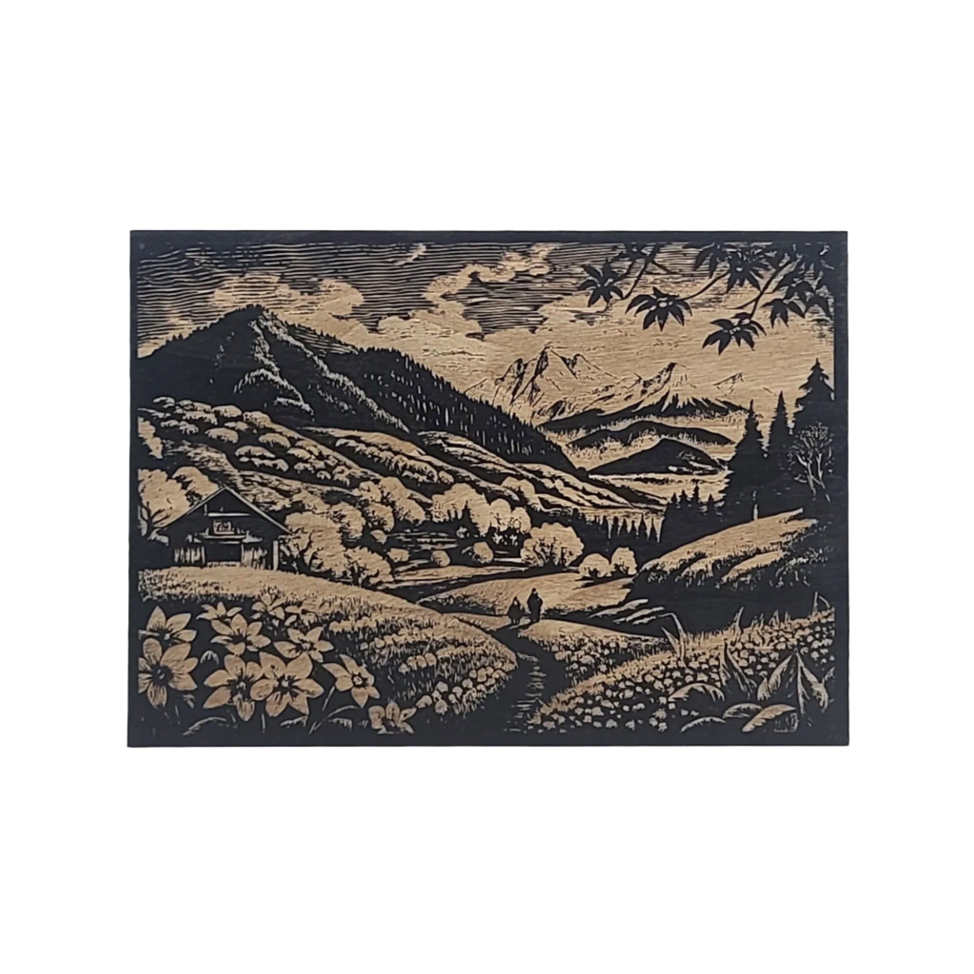 Mountain Landscape with Cabin Engraved Wooden Sign - LES020