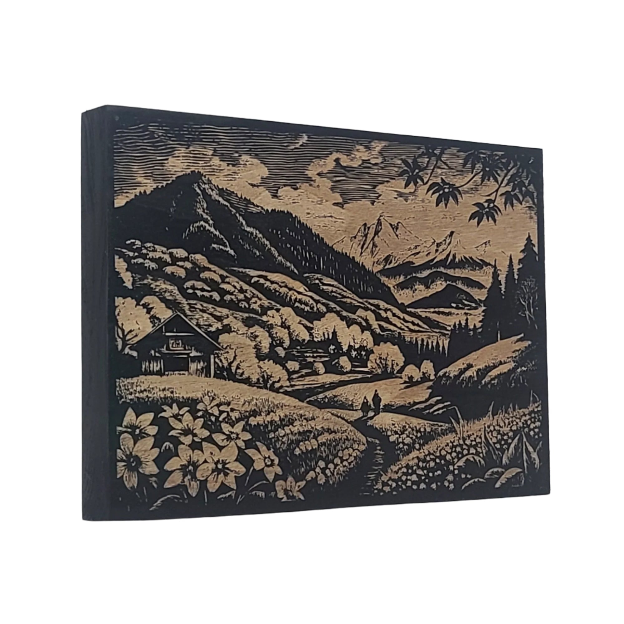 Mountain Landscape with Cabin Engraved Wooden Sign - LES020