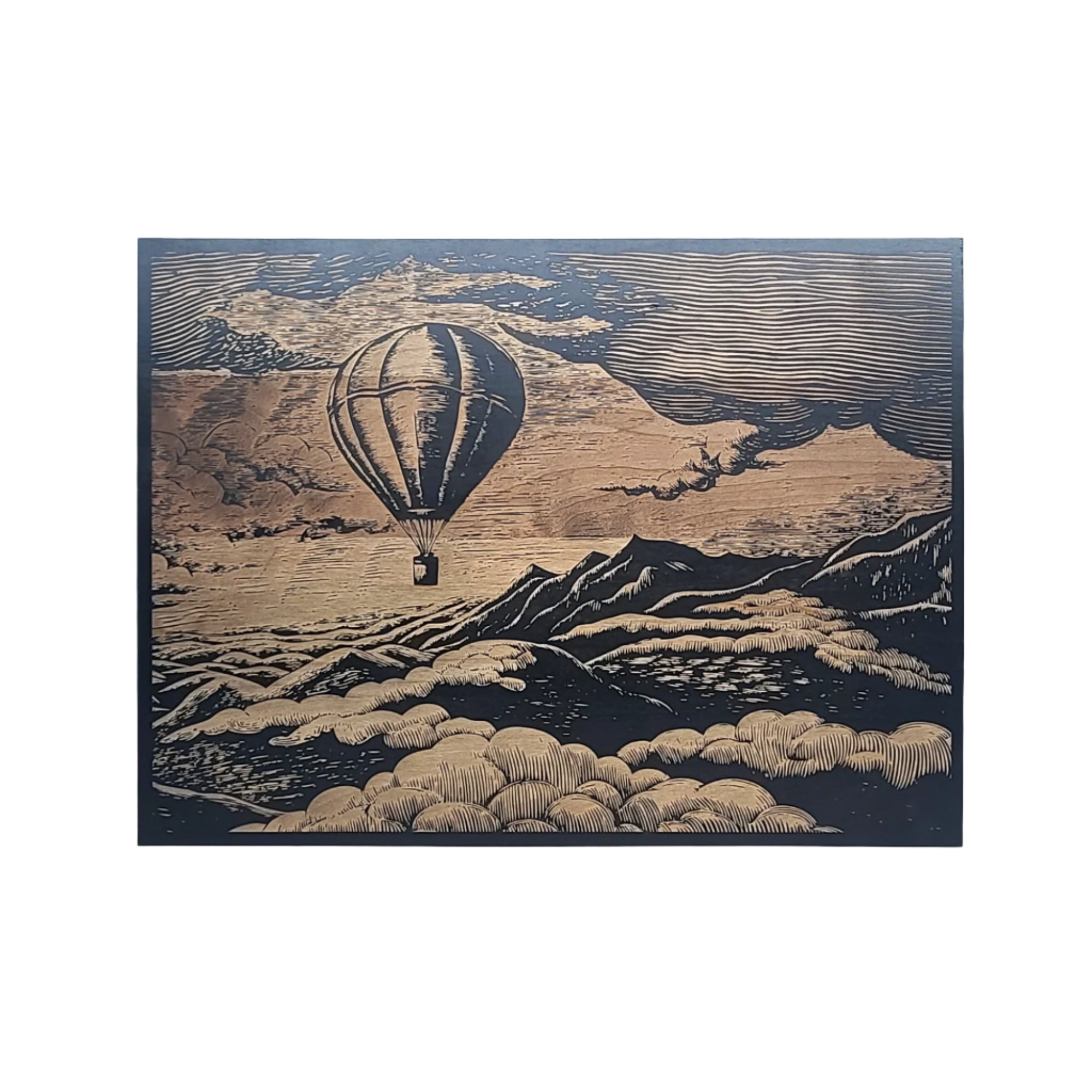 Vintage Hot Air Balloon over Mountains Engraved Wooden Sign - LES021