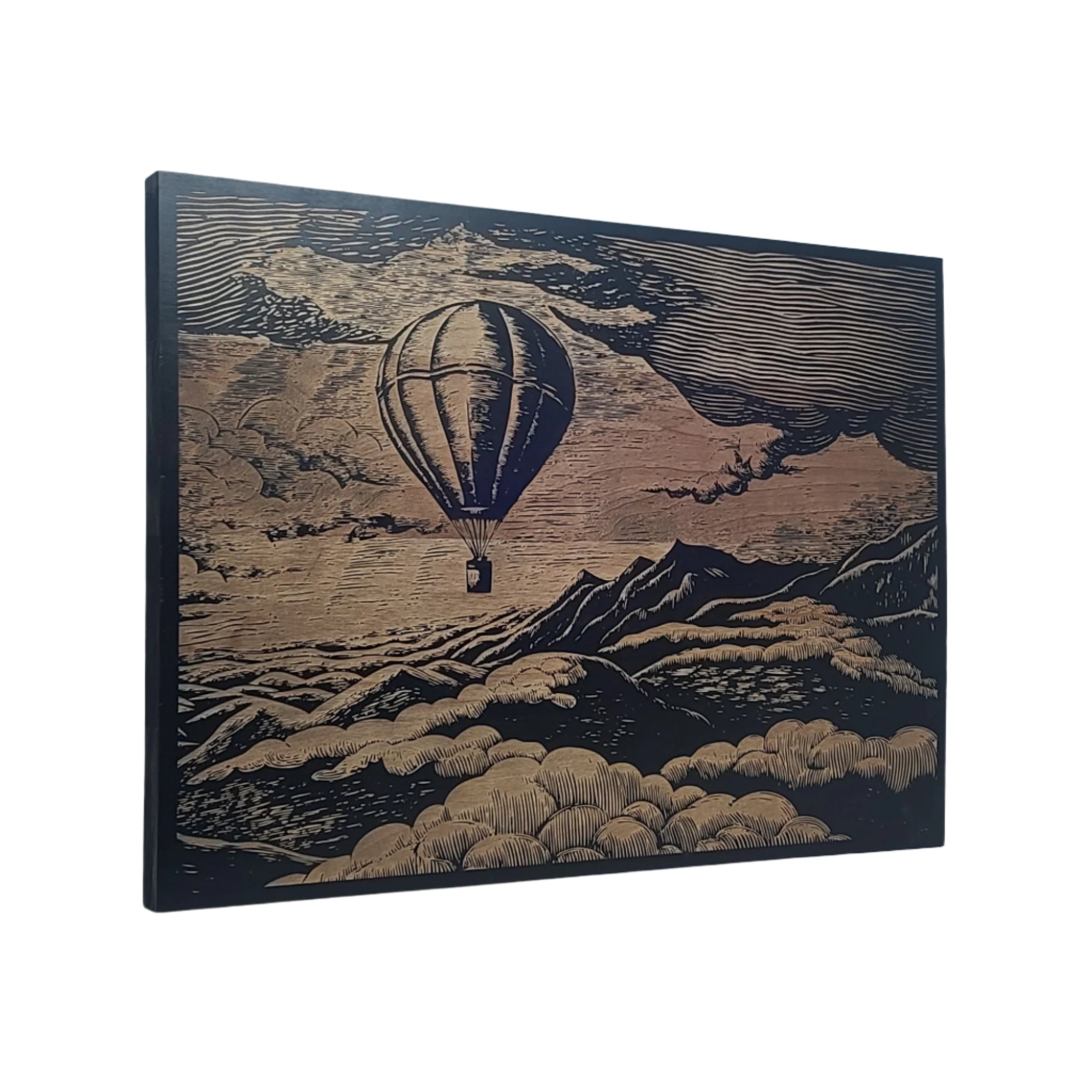 Vintage Hot Air Balloon over Mountains Engraved Wooden Sign - LES021