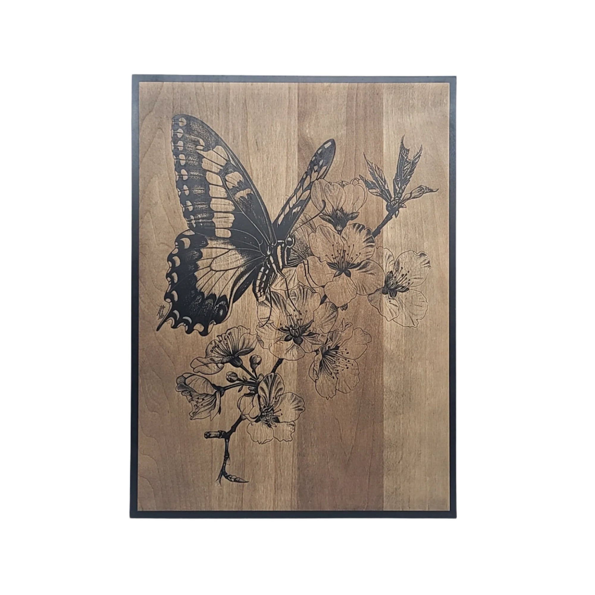 Butterfly with Flowers Engraved Wooden Sign - LES022