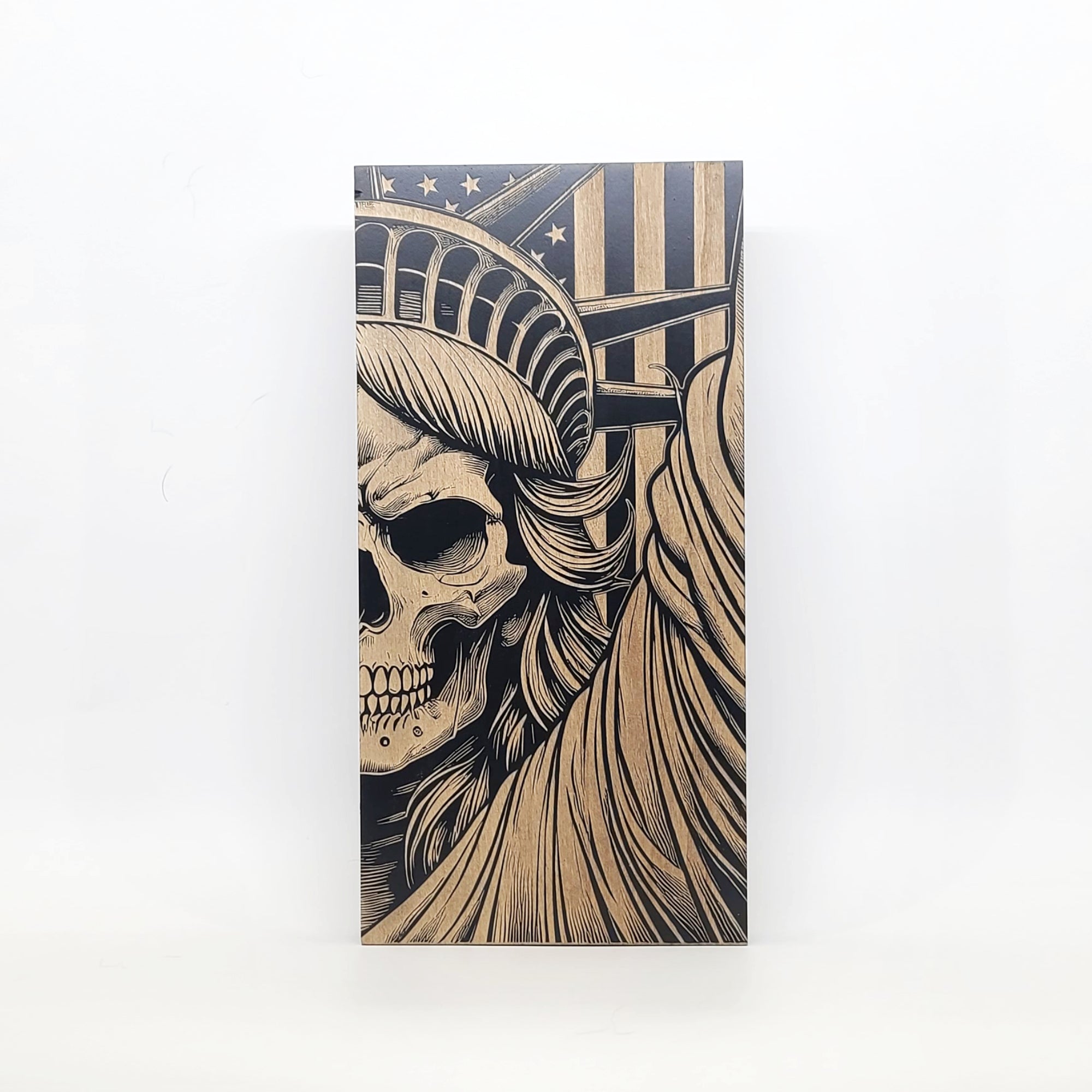 Statue of Liberty Skull Engraved Wooden American Flag - LEF011