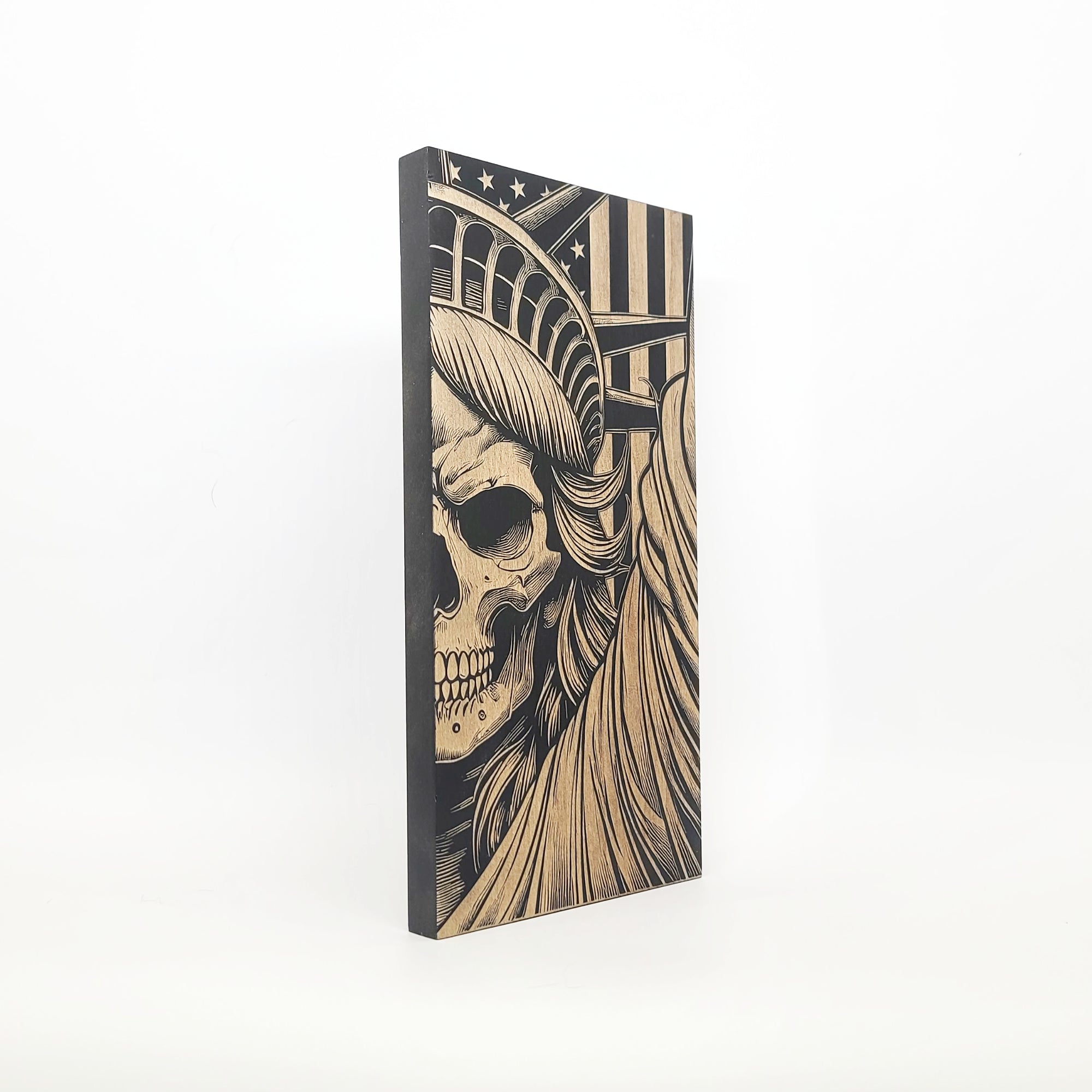 Statue of Liberty Skull Engraved Wooden American Flag - LEF011