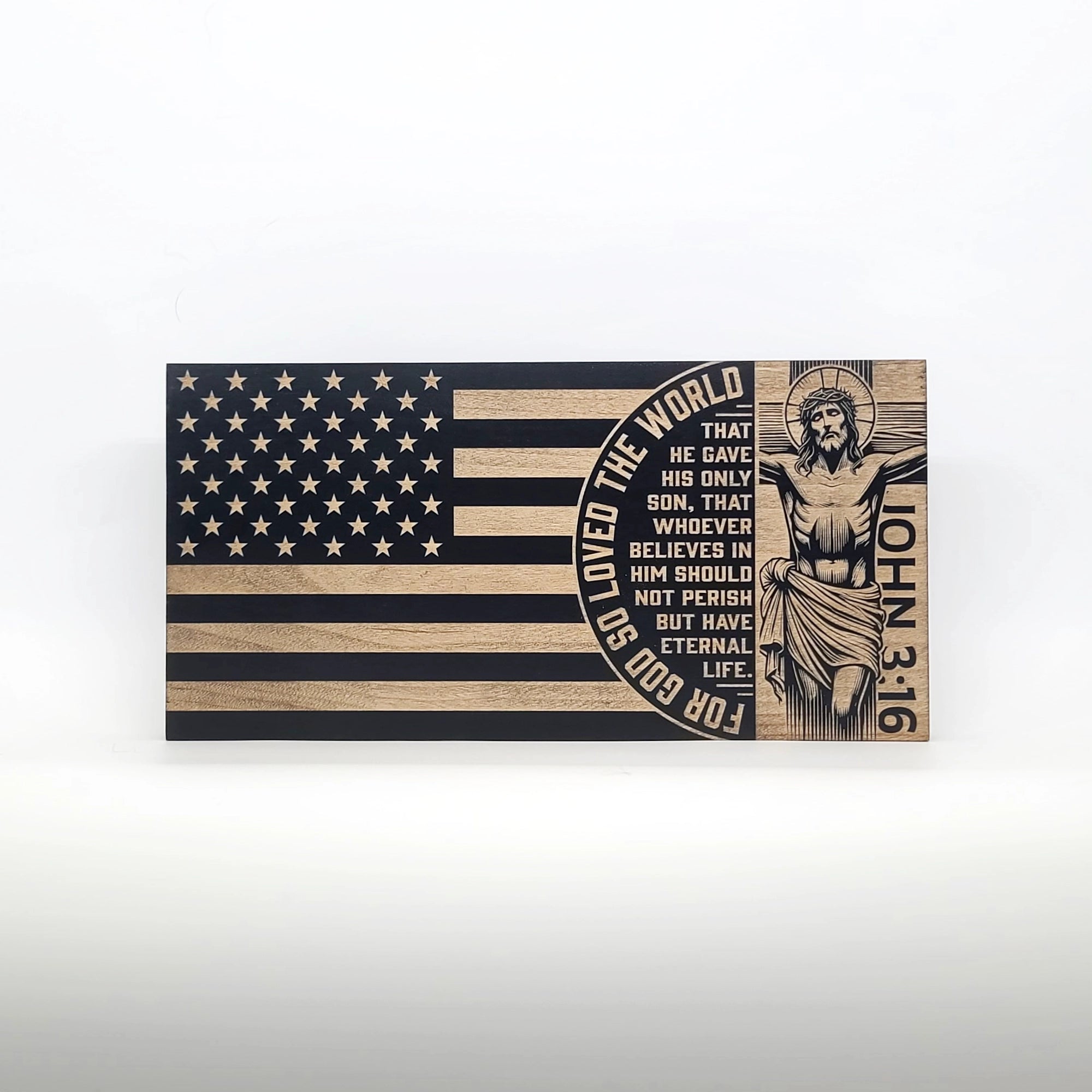 John 3:16 Engraved Wooden American Flag - LEF003