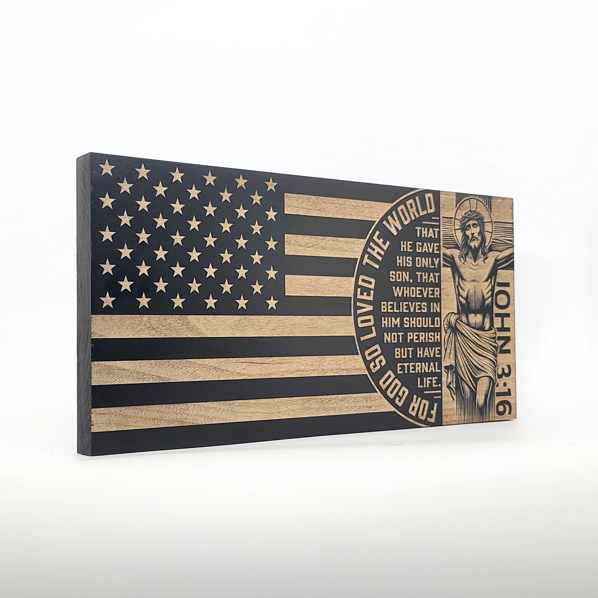 John 3:16 Engraved Wooden American Flag - LEF003