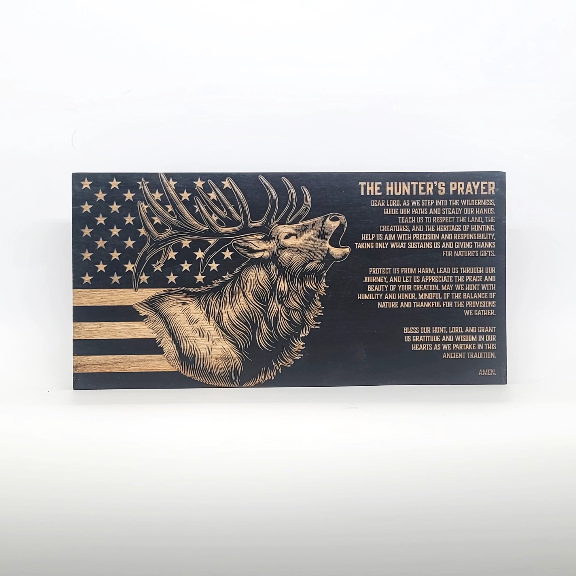 The Hunters Prayer (Elk) Engraved Wooden American Flag - LEF012