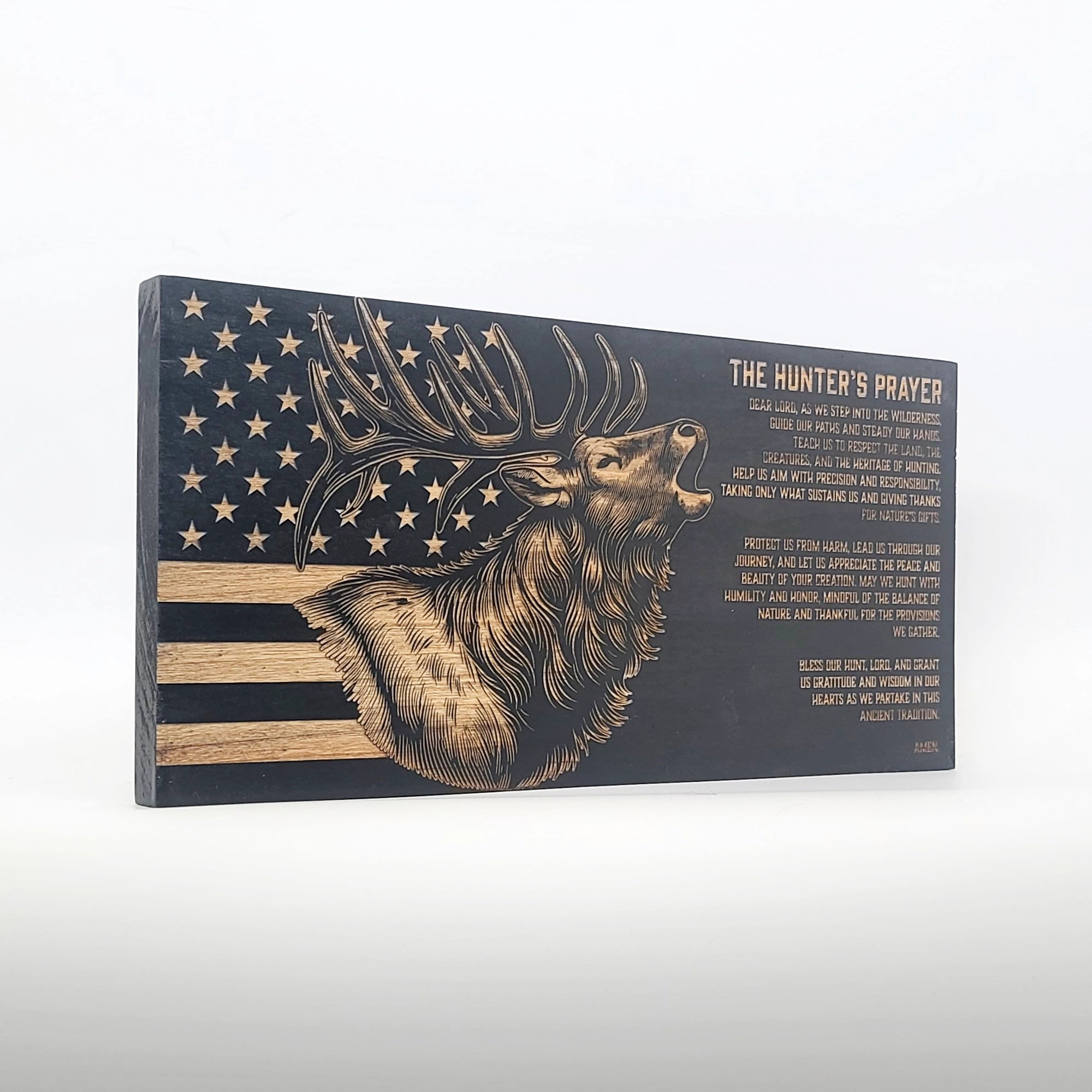 The Hunters Prayer (Elk) Engraved Wooden American Flag - LEF012