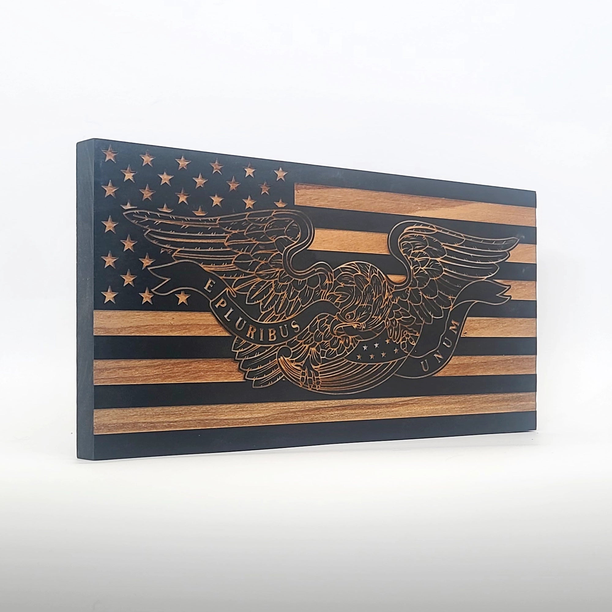 E Pluribus Unum Engraved Wooden American Flag - LEF004