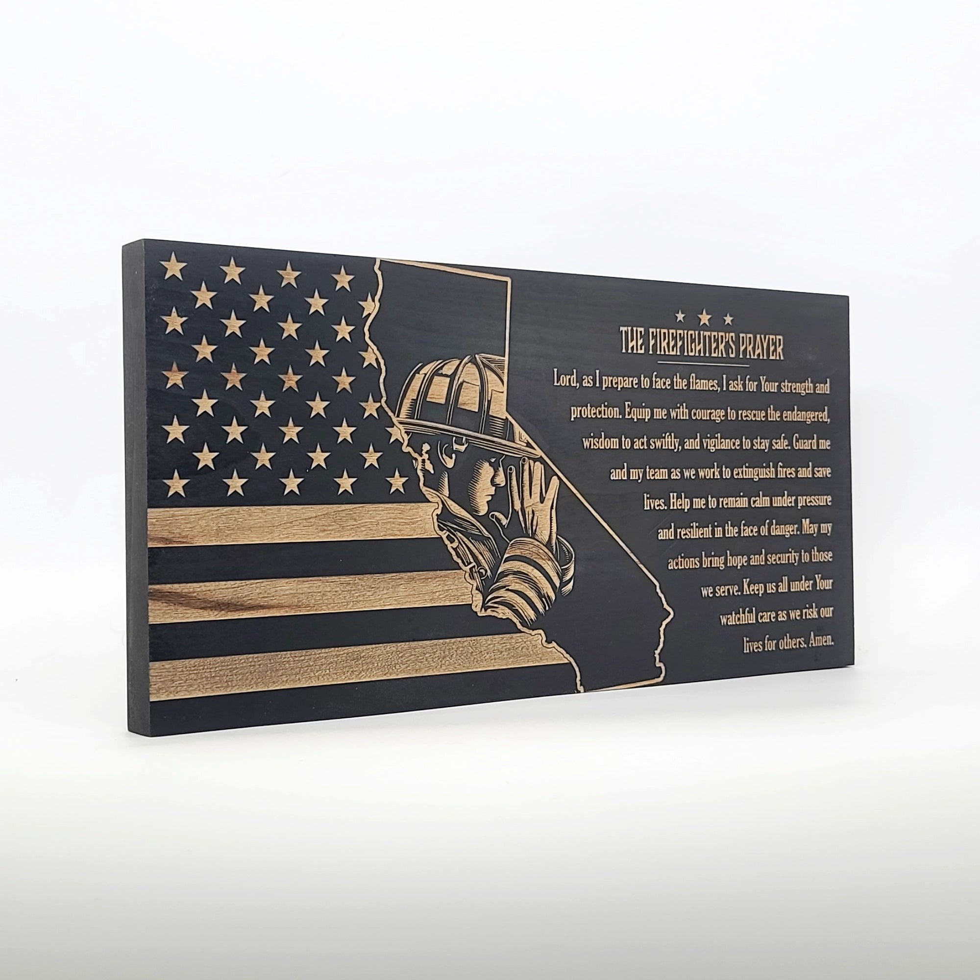 The Firefighter's Prayer (California) Engraved Wooden American Flag - LEF017