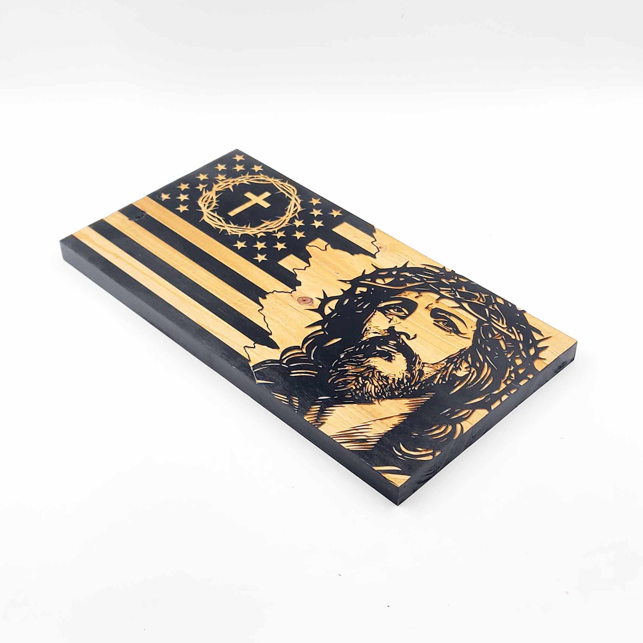 Laser Engraved Wooden American Flag with Jesus Christ