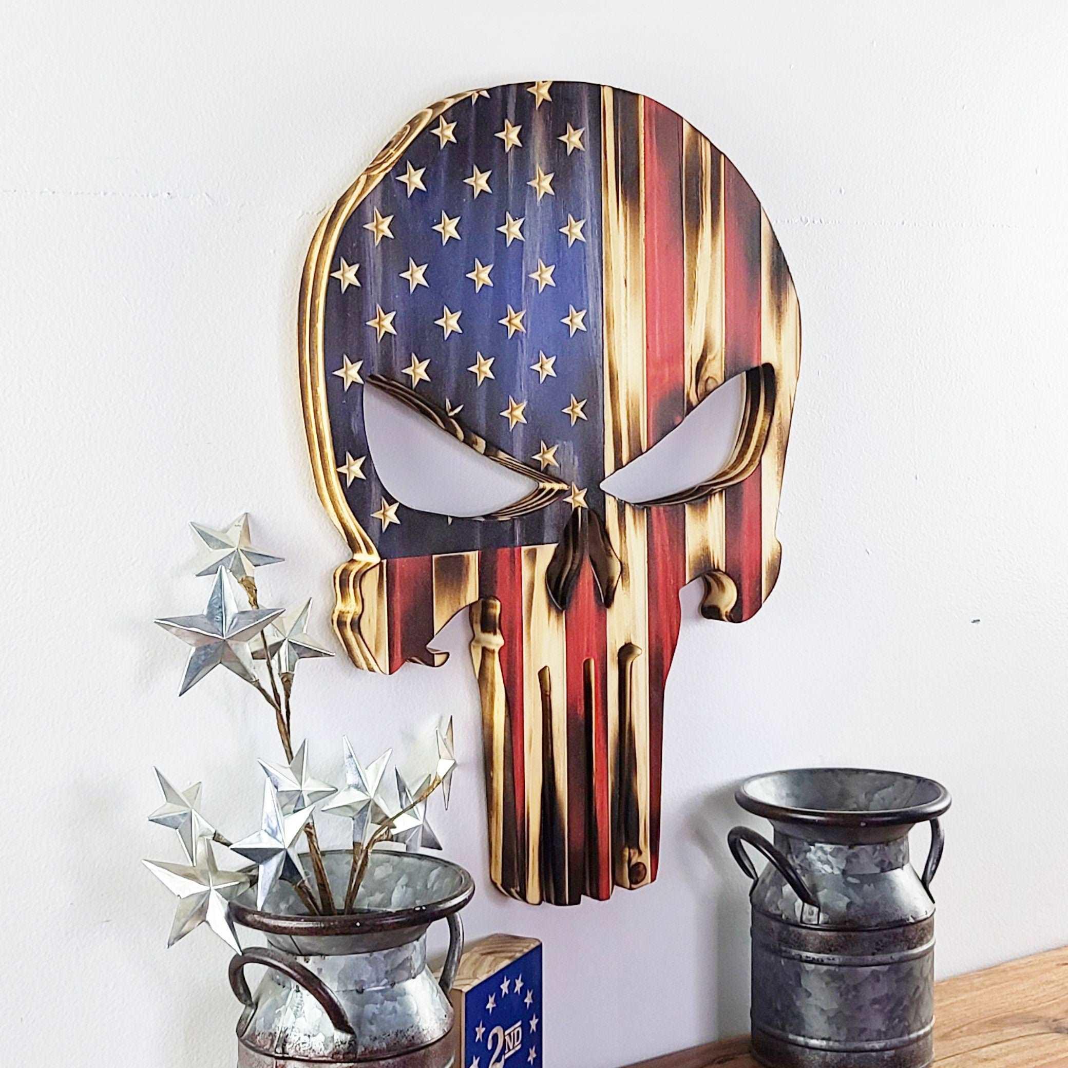 Punisher Wood Flag (Shaped) - Premium Wooden Flag from Crater Goods - Just $49.99! Shop now at Crater Goods