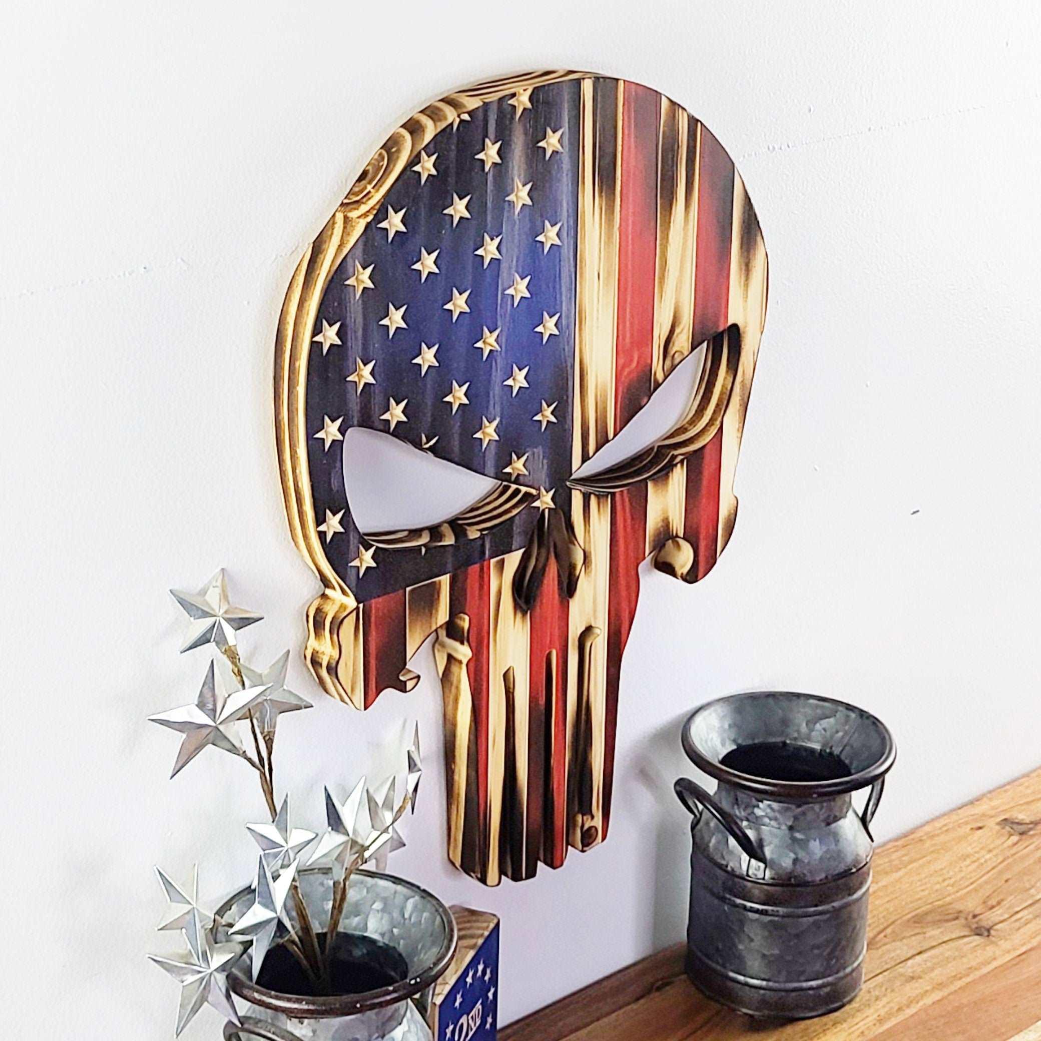 Punisher Wood Flag (Shaped) - Premium Wooden Flag from Crater Goods - Just $49.99! Shop now at Crater Goods